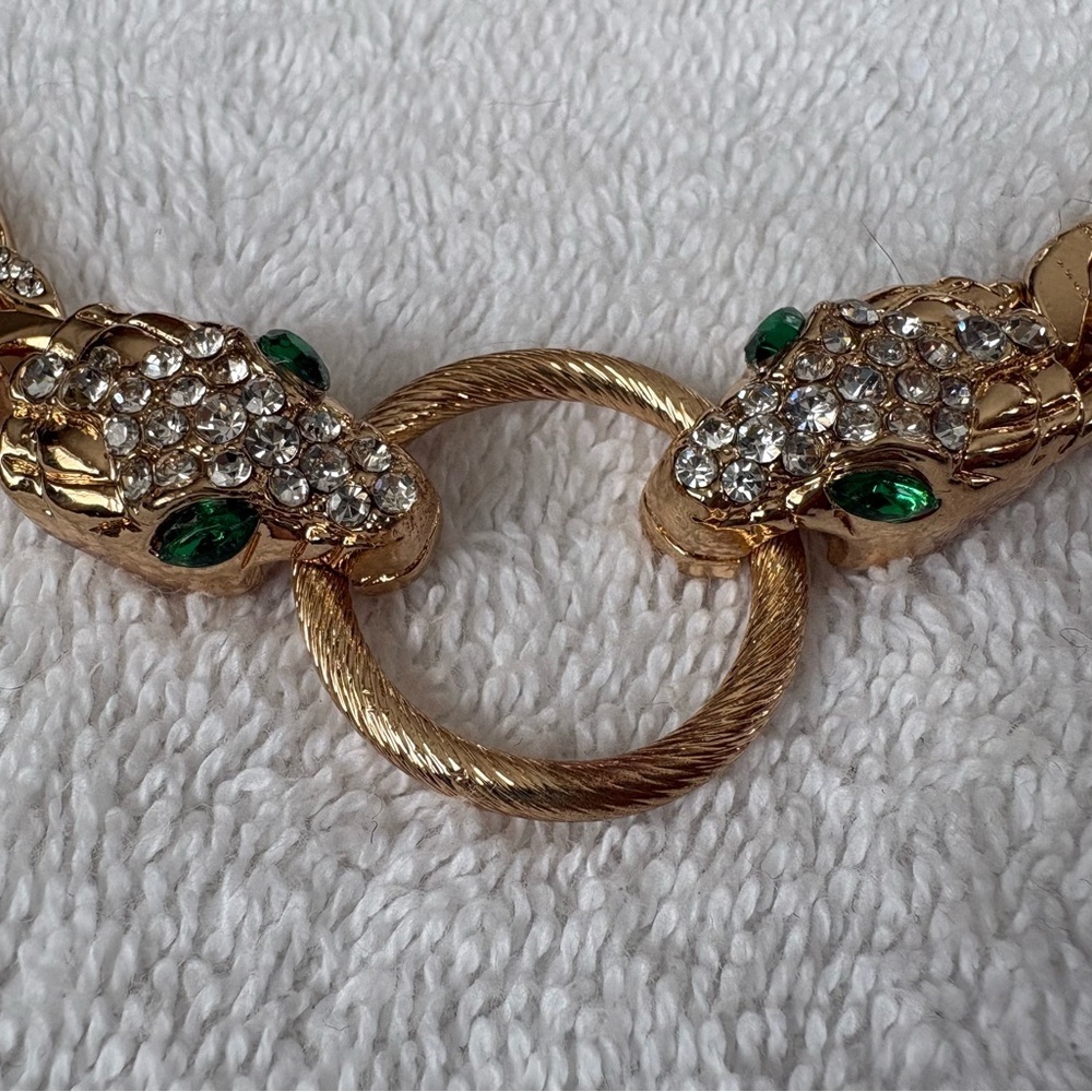 Gold Tone Crystal Snake Panther Head Necklace Green Eyes Statement Chain - Picture 5 of 9
